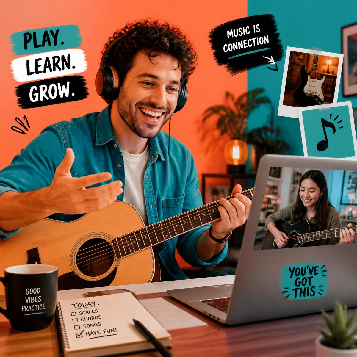 Music teacher giving a virtual guitar lesson over video call
